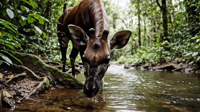 Okapi Drinking Water in Lush Forest Stream