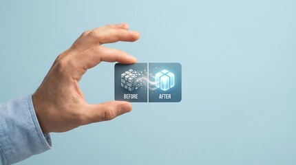 Transformation Improvement Before and after Restoration Optimization Upgrade Comparison concept shown by a hand holding a card representing successful business results and growth.