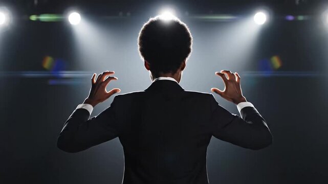 Conductor Directing Orchestra, Back View, Illuminated Stage.