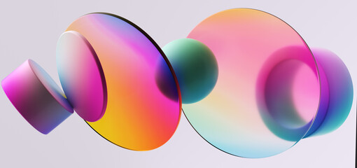 Colorful 3d illustration various 3d primitive with vibrant gradient texture and glass material. Geometric shapes primitives digital art for futuristic aesthetic design project. © vpanteon