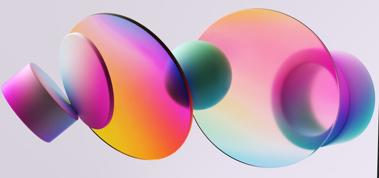 Colorful 3d illustration various 3d primitive with vibrant gradient texture and glass material. Geometric shapes primitives digital art for futuristic aesthetic design project.