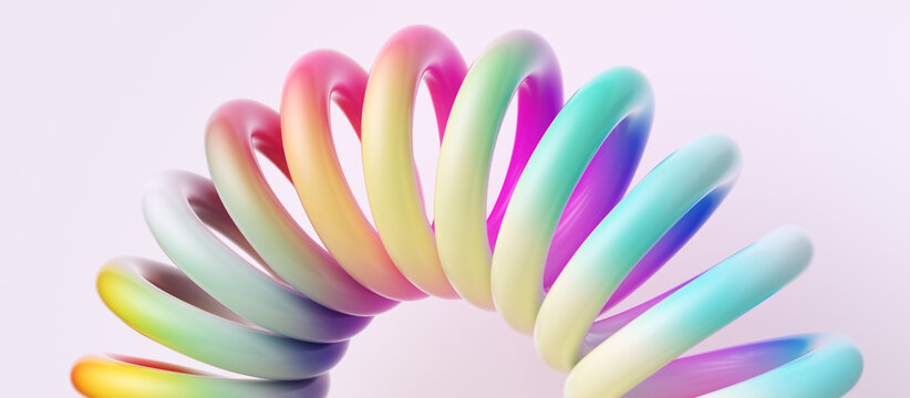 3d rendering of curved spring or slinky shape with pastel rainbow gradient on light background. Minimalist abstract composition representing flexibility, motion, and continuity.