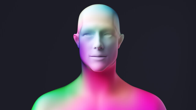 Detailed 3d rendering of male human bust with neon rainbow holographic texture on dark background. Modern digital art exploring futuristic identity, artificial intelligence, and avatar.