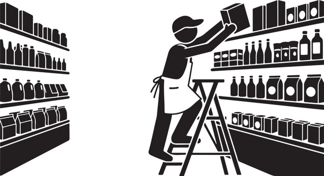 vector silhouette of a grocery store clerk stocking a shelf