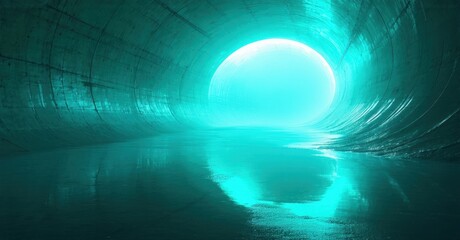Fototapeta premium Concrete tunnel interior, bright light source visible. Reflections shimmer on wet floor, creating symmetrical view. Dark, cool tones dominate scene.