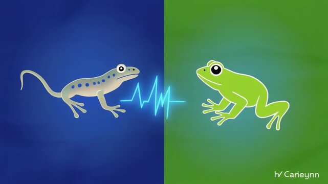 Amphibian Life Change. Animal Classification (Basic Animal Groups). Amphibians. Side-by-side comparison icon of a tadpole with a tail and a frog with legs, set in a bright blue and green split-screen
