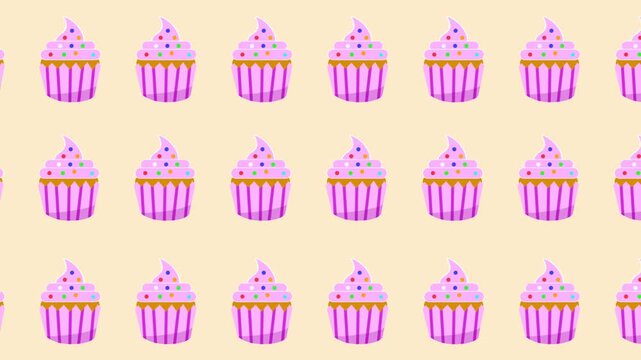A seamless cartoon animation featuring a grid of pink cupcakes with sprinkles scrolling horizontally on a cream background.