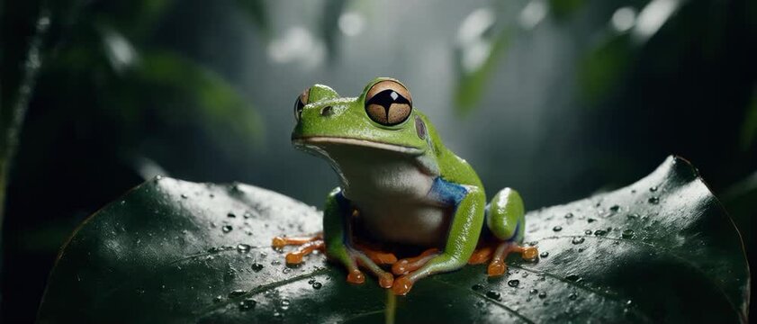 Amphibian Moist Skin. Animal Classification (Basic Animal Groups). Amphibians. A bright green tree frog with smooth, moist skin sitting on a large waxy leaf, set in a misty, soft-lit rainforest
