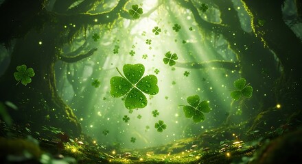 Four Leaf Clover in Mystical Forest with Green Glow and Lucky Charms