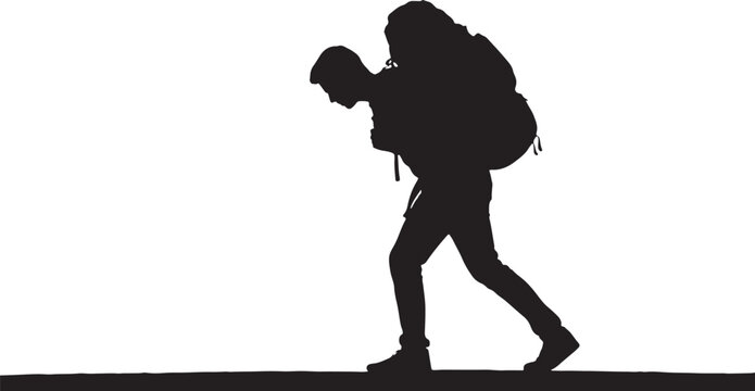 vector silhouette of a man walking with a heavy backpack