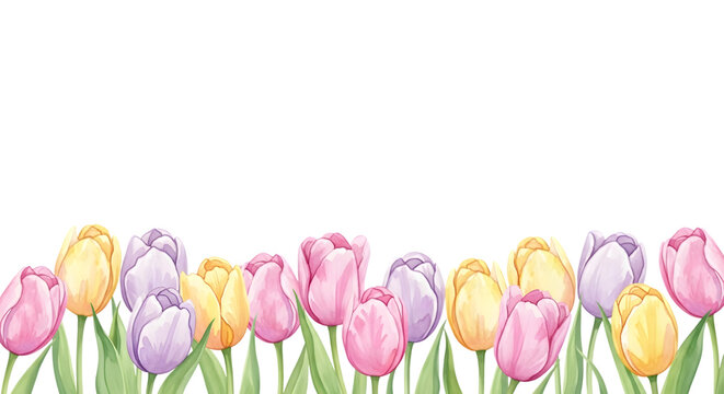 Watercolor tulip border isolated on transparent background for spring designs
