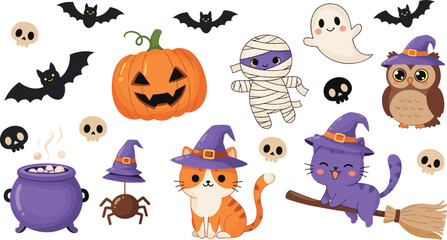 Fototapeta premium Cute halloween characters set with pumpkin ghost mummy bat witch animals and spooky elements playful cartoon vector illustration for kids and seasonal designs