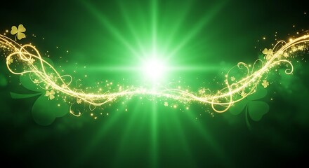 Abstract energy wave with golden light beams in vibrant green cosmic background