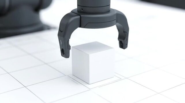 Robotic arm precisely grips a white cube on a grid surface, demonstrating automation and precision.