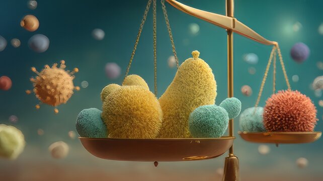 Tiny abstract fluffy spheres representing microscopic organisms balance precariously on a miniature gold scale
