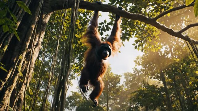 Orangutan Swinging Effortlessly on a Tree Branch in Lush Forest