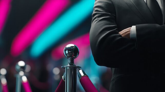 Security guard in formal attire stands watch near velvet ropes at a vibrant event entrance