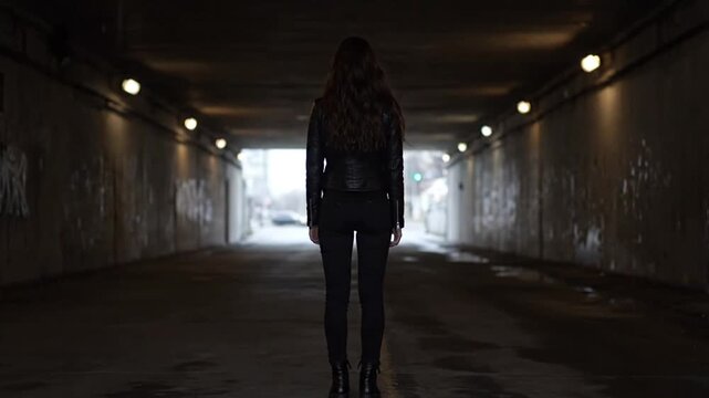 Woman in dark urban tunnel.