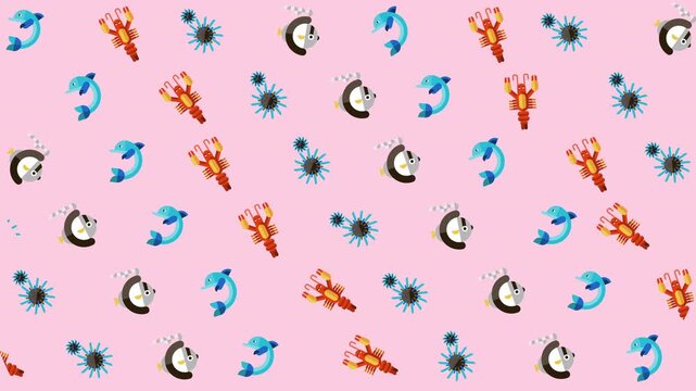 Repeating patterns of sea creatures on pink background. Ideal for summerthemed designs, wallpaper, textiles, and childrens products.
