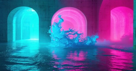 Fototapeta premium Flooded concrete structure. Vibrant pink, turquoise lighting creates surreal underwater scene. Water splash dominates center. Dramatic, moody atmosphere.
