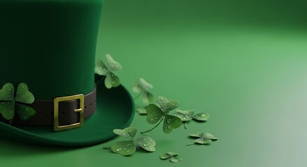 Green Leprechaun Hat with Shamrocks on Green Background
