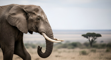 Obraz premium Majestic African Elephant Walking Through the Savannah with a Distant Acacia Tree