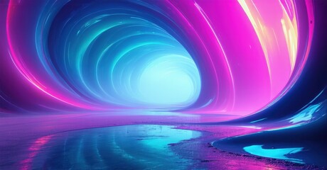 Fototapeta premium Vibrant swirling lights create tunnel illusion. Bright blues, pinks dominate landscape. Mysterious energy radiates from center.