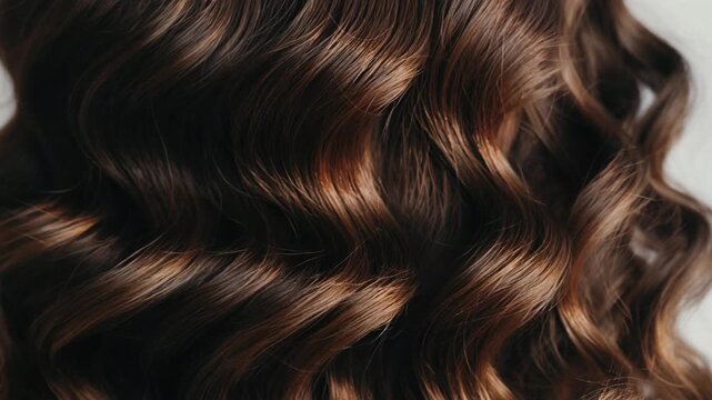 Close up of shiny wavy brown hair texture with natural highlights and smooth curls for beauty and fashion