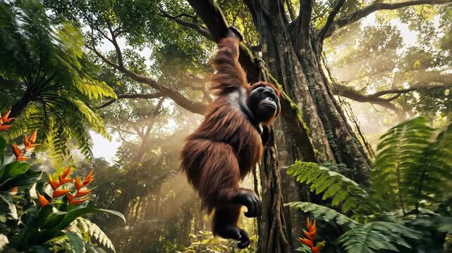 Orangutan Swings Gracefully Through Dense Rainforest Canopy