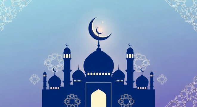 Islamic mosque silhouette with crescent moon and stars on gradient background.