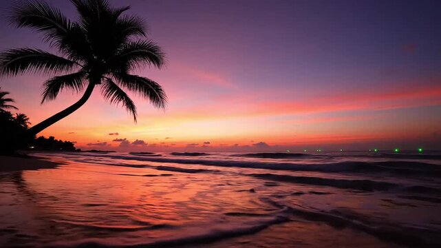 Tranquil tropical beach at sunset with palm tree silhouette and vibrant colorful sky reflecting on ocean waves.