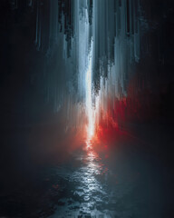 Fototapeta premium Surreal vertical red light stream flowing through abstract dark waterfall scene