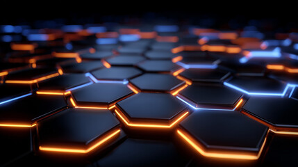 Fototapeta premium Dark futuristic hexagonal pattern with deep black matte finish, scattered luminous blue cores and radiant orange highlights, beveled 3D edges catching light dramatically, immersive