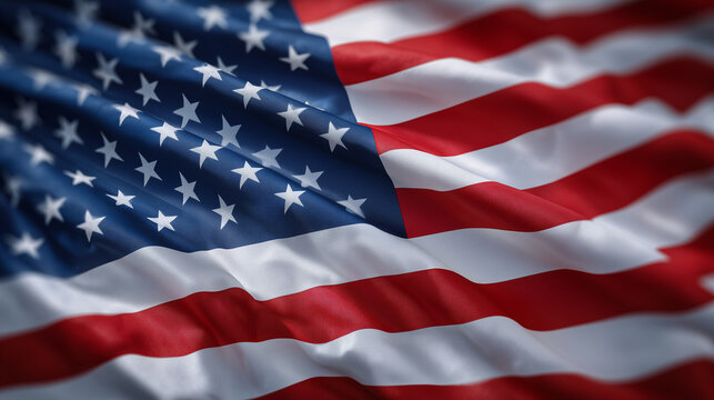 Close-up of the American flag waving dynamically in a warm summer breeze, rich red and white stripes flowing with natural fabric texture, deep blue canton with crisp white stars sh