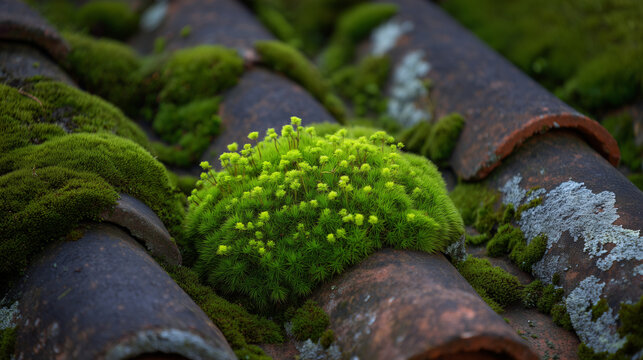 Intimate macro view of thriving moss spreading between overlapping ceramic roof tiles, surface glossy from recent rainfall, organic contrast between rough clay texture and soft vel