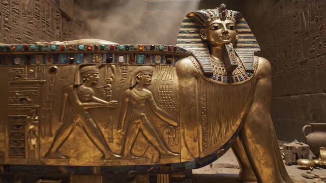 Ornate Egyptian Sarcophagus in Ancient Tomb Chamber