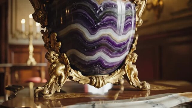 Ornate Gold Amethyst Vase with Purple and White Banding