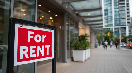 Modern "For Rent" sign positioned near the entrance of an upscale urban condominium, polished metal and glass facade reflecting city life, pedestrians and traffic softly out of foc