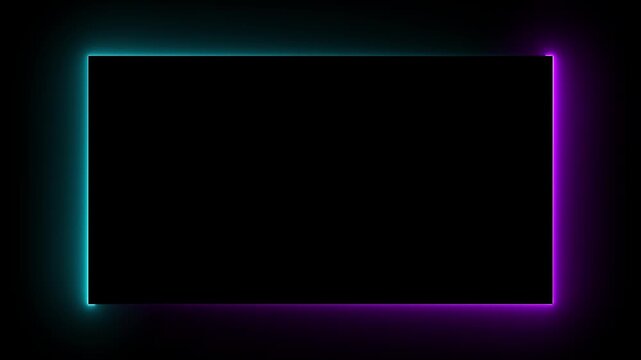 Glowing neon rectangle border frame animation on black background. Shape frame round border frame movement photo frame neon box sign symbol. 