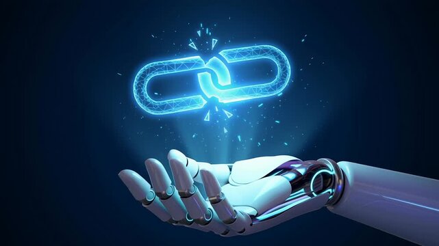 Digital network defense alert with robotic hand holding broken chain symbolizing danger and trust in cybersecurity firewall protection and network defense concepts