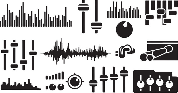 Black and white audio sound wave music icons set