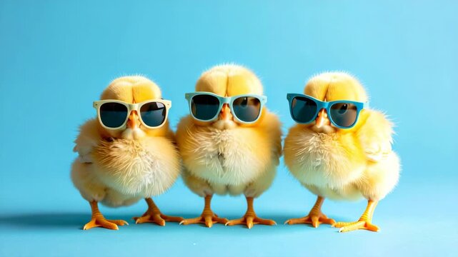 Three cute fluffy yellow chicks wearing colorful sunglasses on a bright blue background.