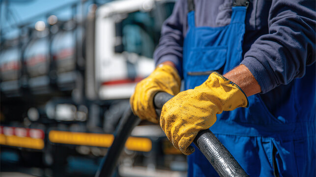 Dynamic perspective of a male worker gripping a hose, bright yellow gloves and blue uniform contrasting with the polished vacuum truck behind, industrial yard subtly blurred, stron