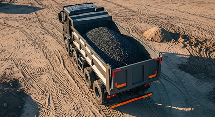 Dump truck carrying gravel on a construction site with dirt road and piles of earth
