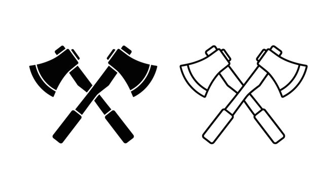 Two axes crossed black and white line art icon design Vector