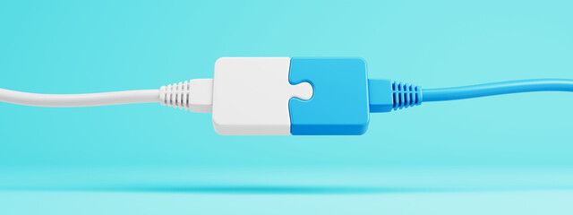 Strategy, business connecting, solution, cooperation, partnership concept. Connecting puzzle pieces on blue background. 3d illustration