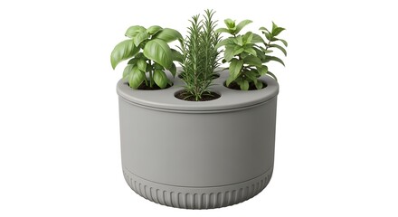 Fototapeta premium Indoor Herb Plant Garden in Gray Pot with Basil Rosemary and Mint