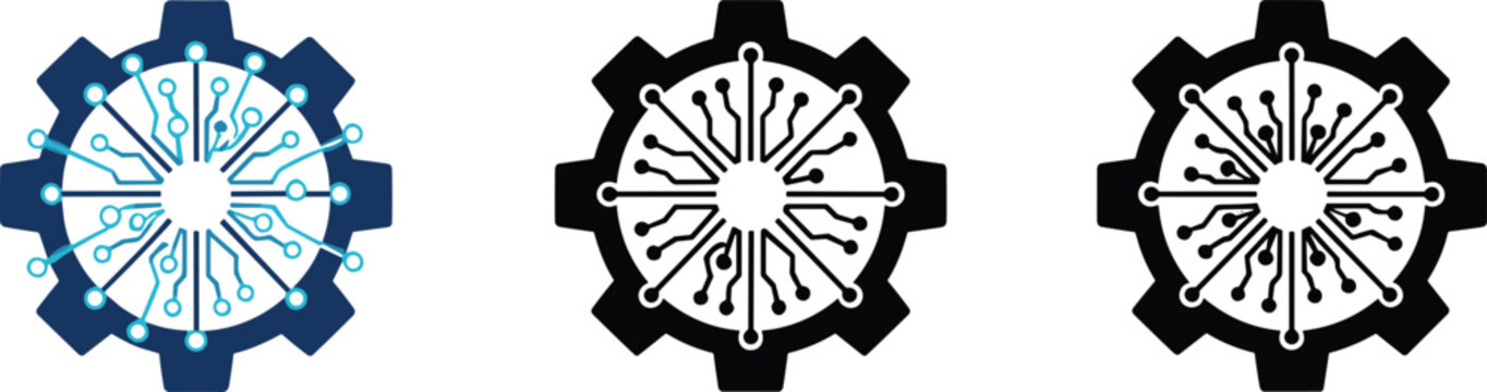Technology Gear Icon Set: Industrial Cogwheel with Integrated Digital Circuit Board and Microchip Network Vectors in Blue and Black