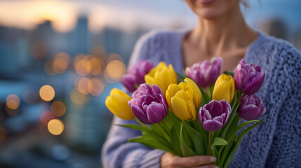 Fototapeta premium Woman receiving a bouquet of vibrant tulips on March 8th morning, sunlight filtering through city windows, warm celebratory atmosphere