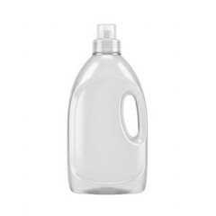 A clear plastic bottle with a handle and a narrow neck, standing upright on a white background.